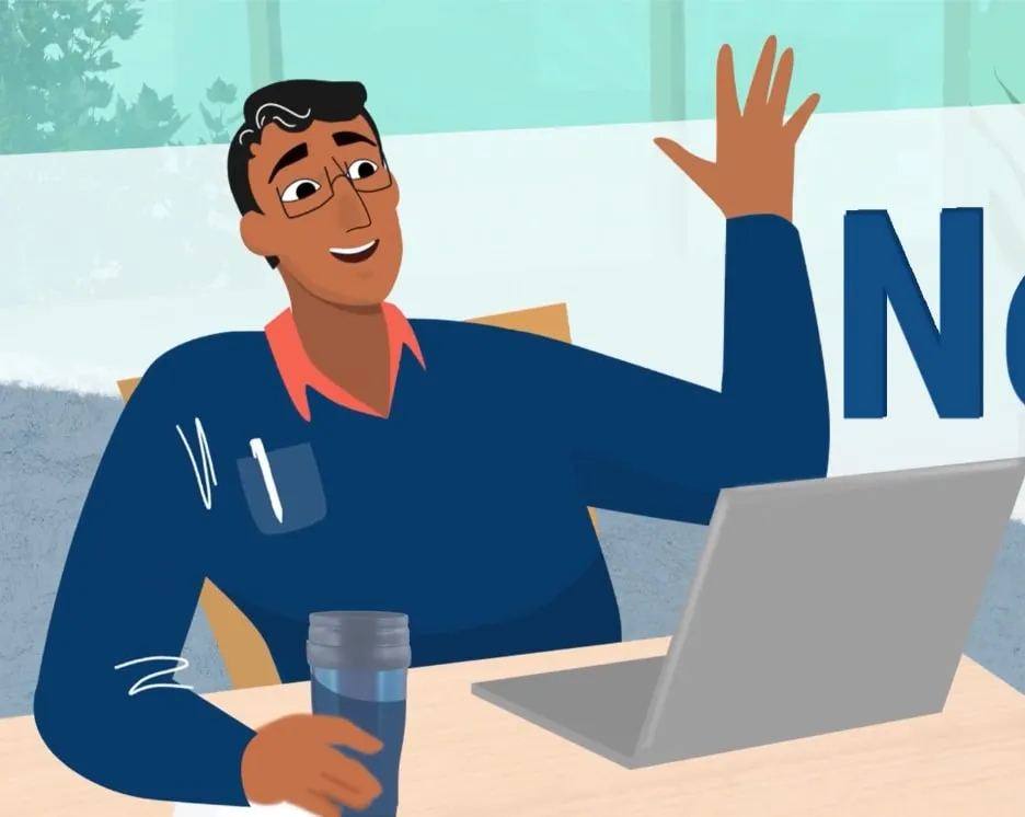 Animated character Ned waving from his laptop