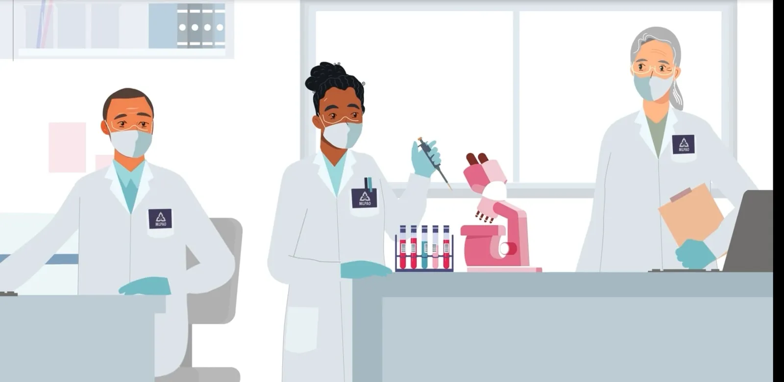 Animated lab scientists wearing MLPAO badges