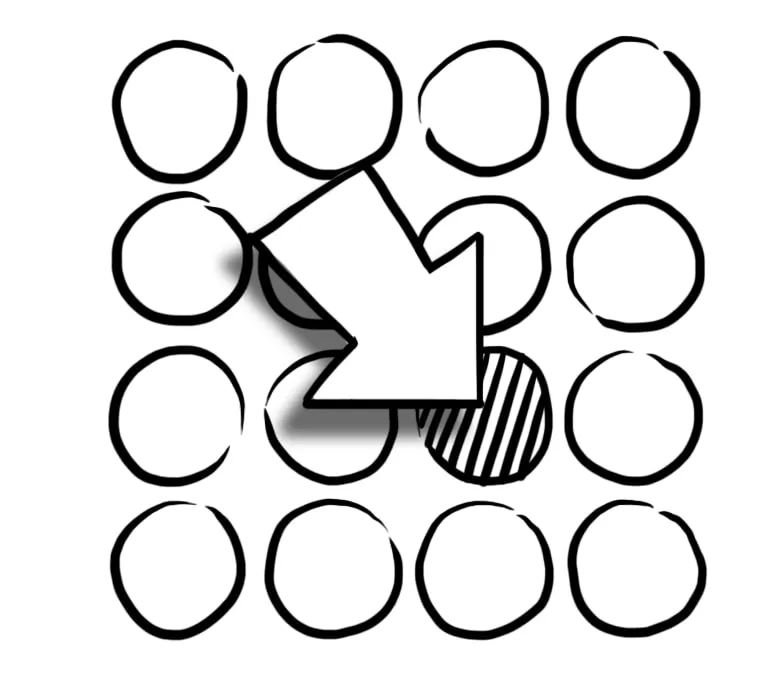 Arrow pointing to the one shaded circle in a grid of circles