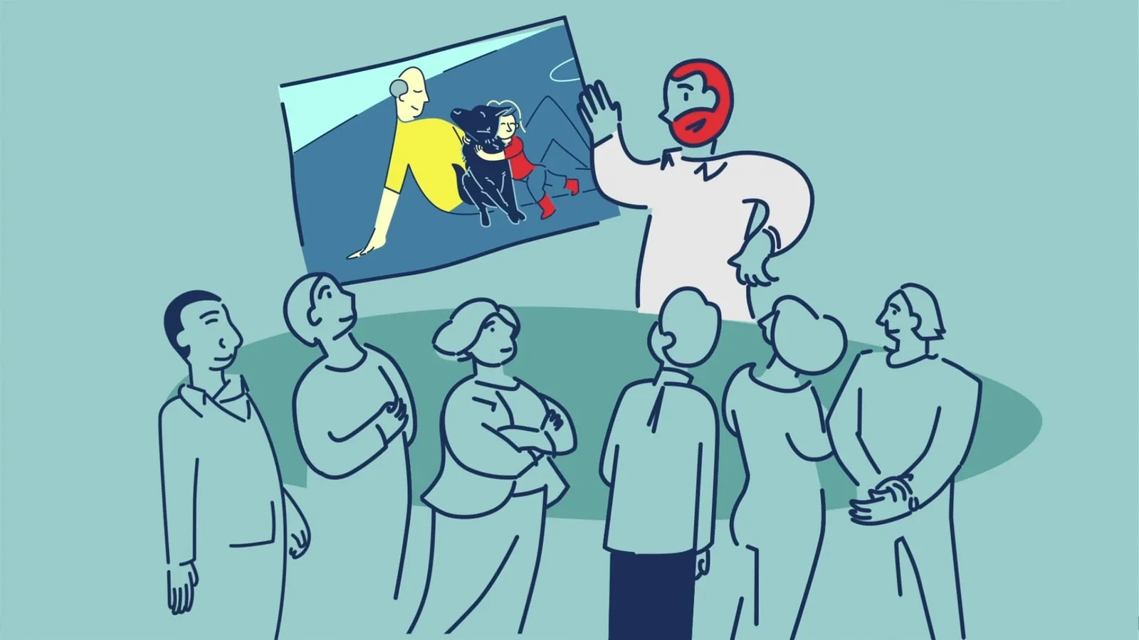 Bearded man showing a family photo to a group of people