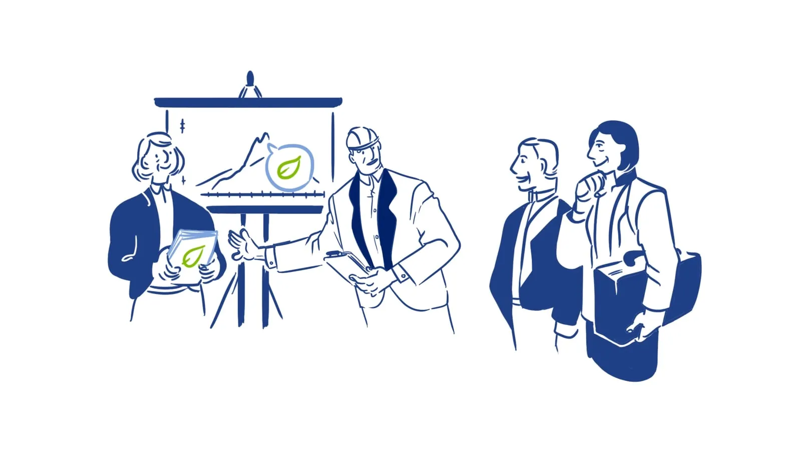 Engineer presenting a chart with a leaf icon to colleagues