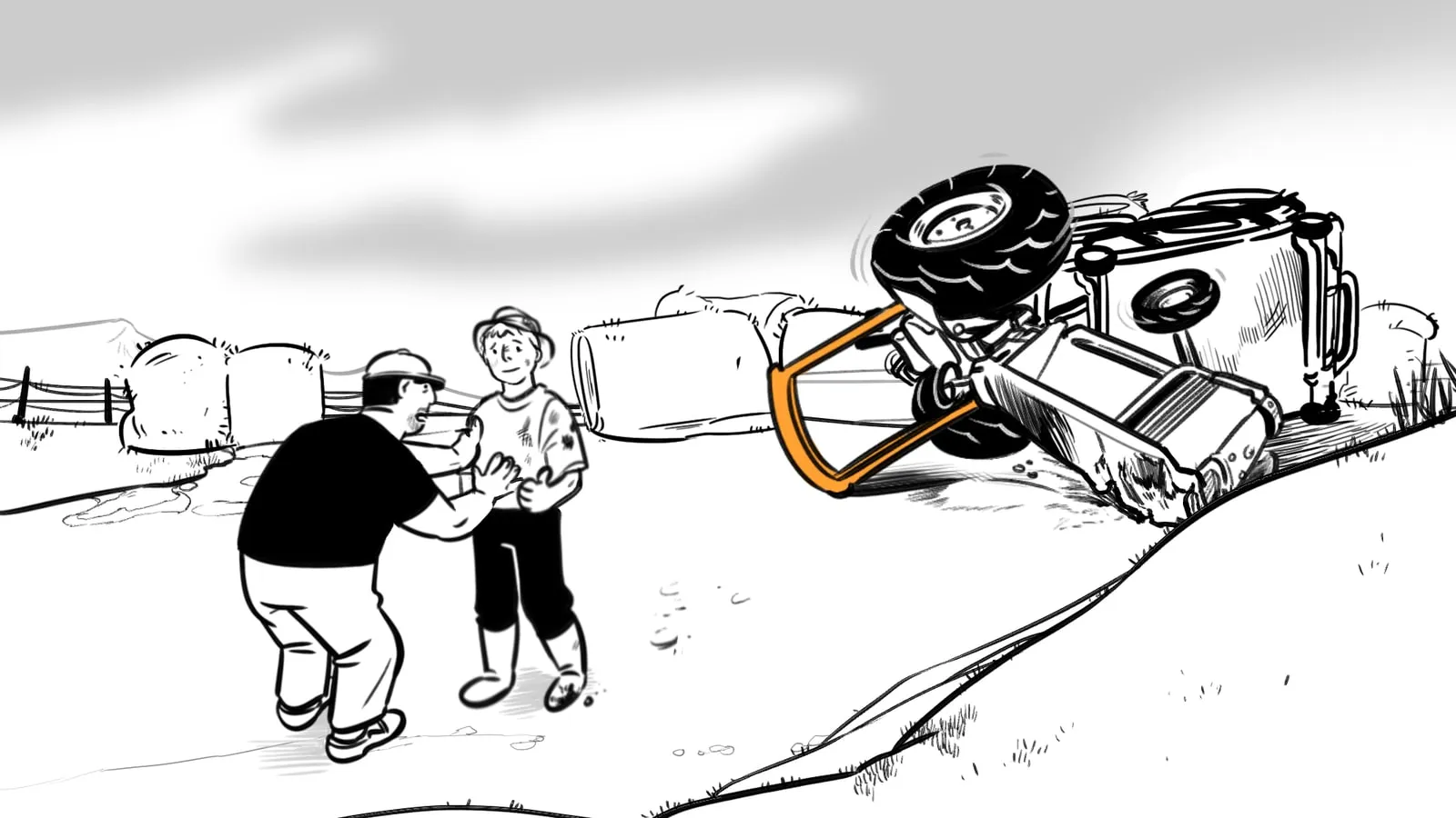 Farmer comforting a worried boy beside an overturned tractor