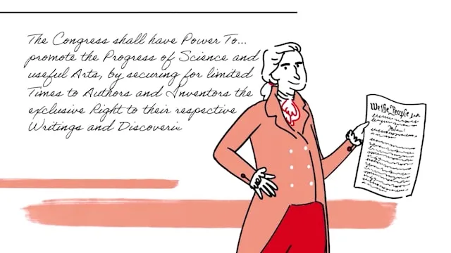 Founding-era figure holding the US Constitution beside its clause on authors' and inventors' rights