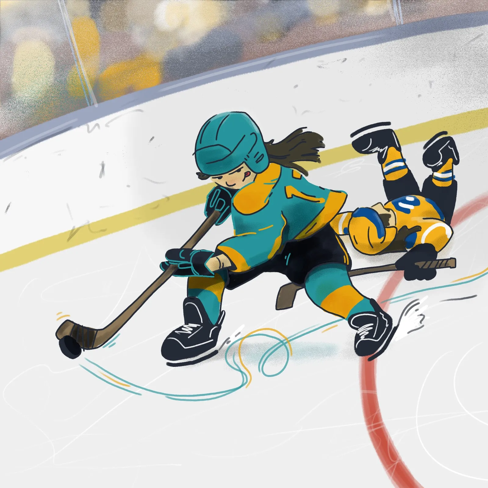 Girl hockey player carrying the puck past a fallen opponent