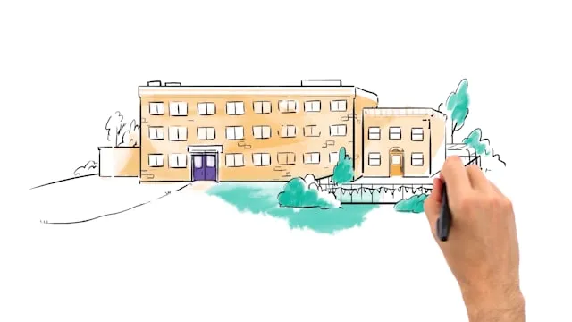 Hand drawing a brick school building in watercolour