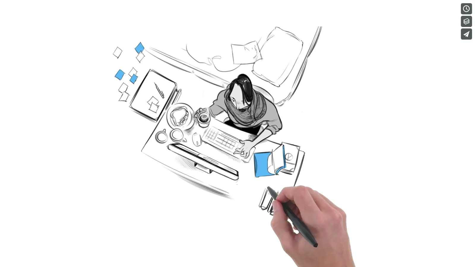 Hand drawing a woman at her desk, seen from above