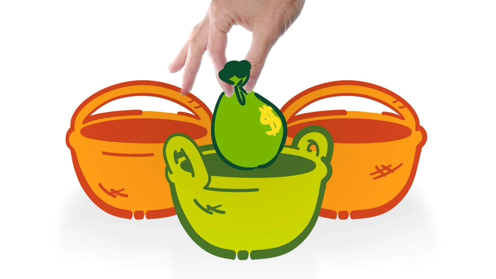 Hand dropping a money bag into one of three baskets