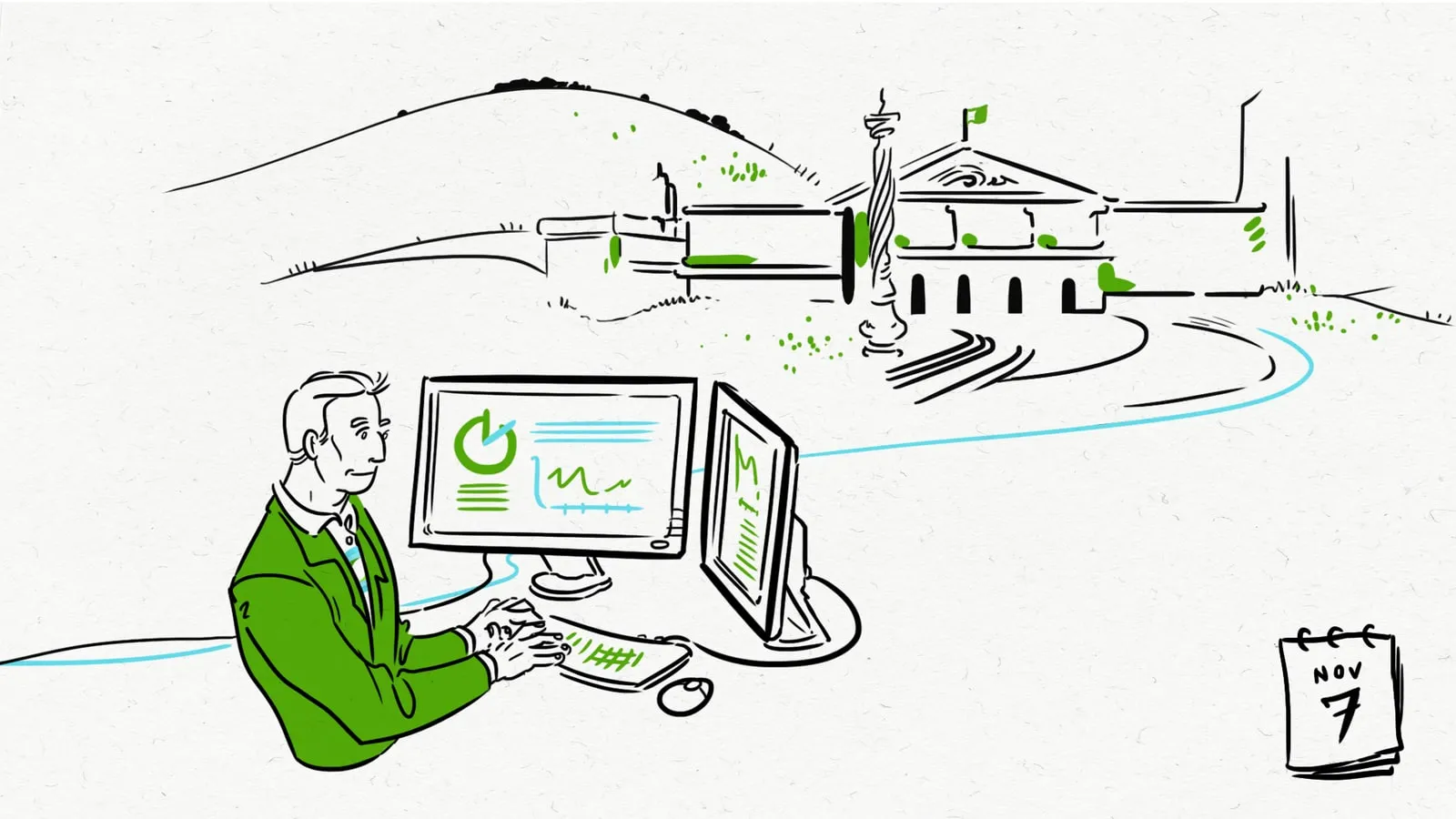 Man at two monitors with a hillside campus behind him
