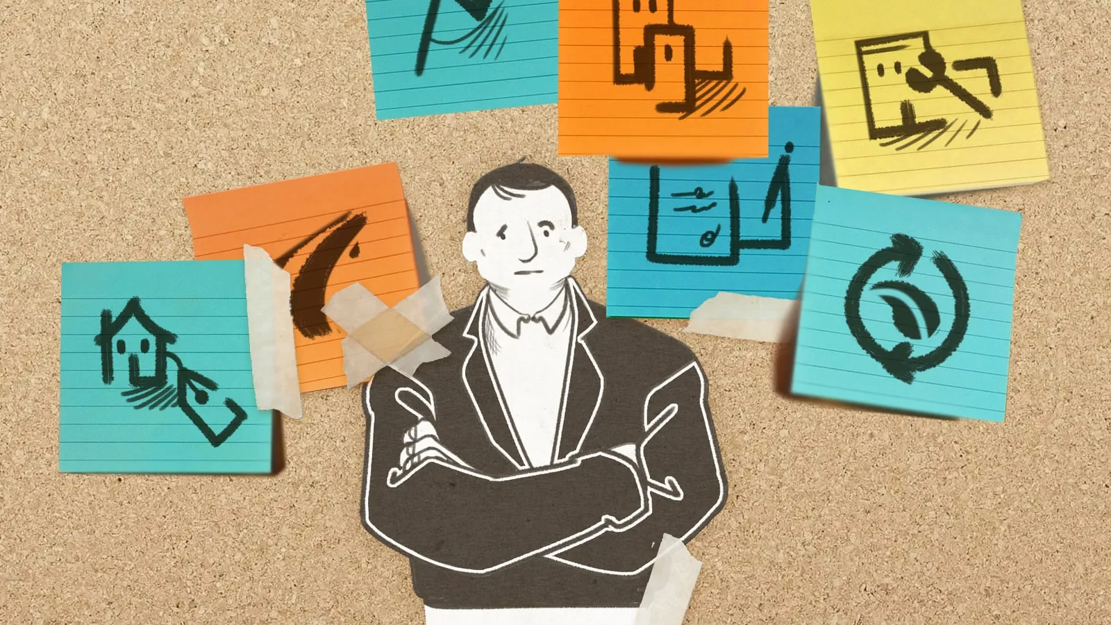 Man in a suit before sticky notes showing a house, buildings and recycling