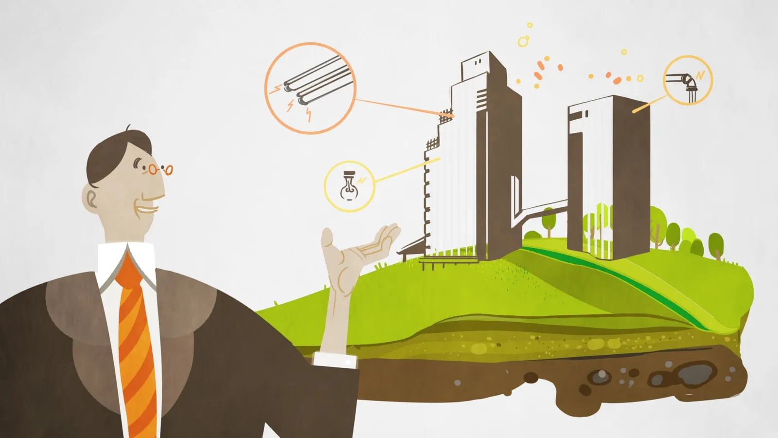Man in a suit presenting buildings on a green hillside with energy callouts