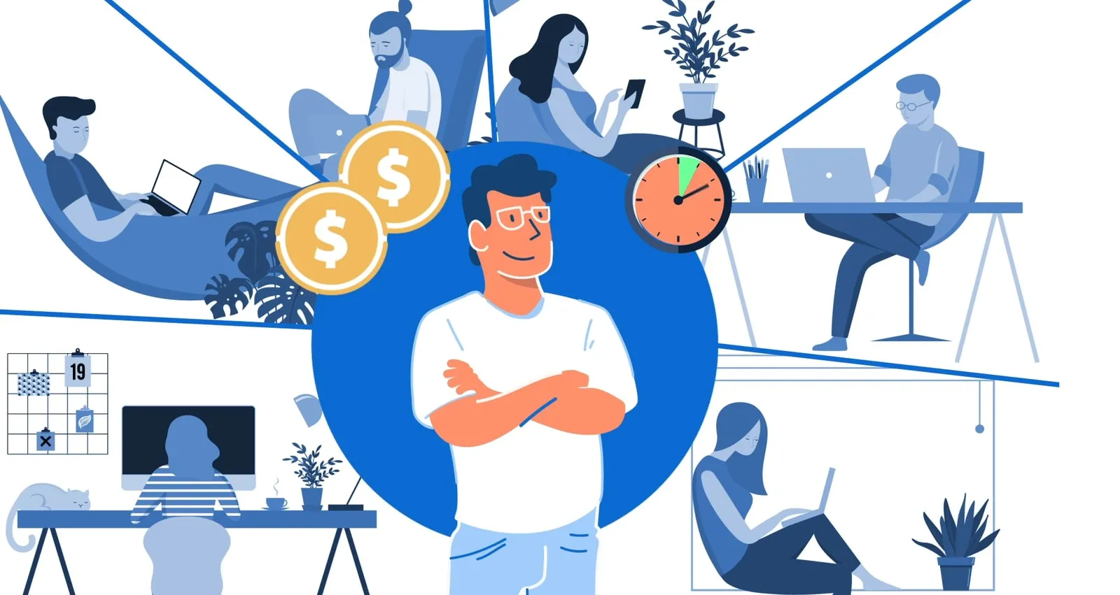 Man with crossed arms surrounded by people working remotely, coins and a clock