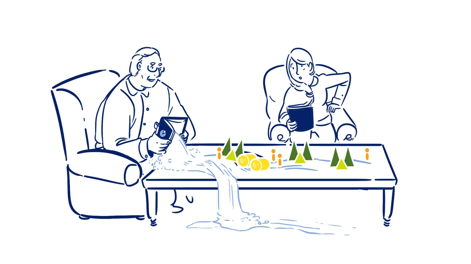 Older man pouring water over a tabletop landscape as a woman watches