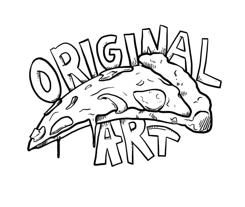 Original Art lettering wrapped around a pizza slice