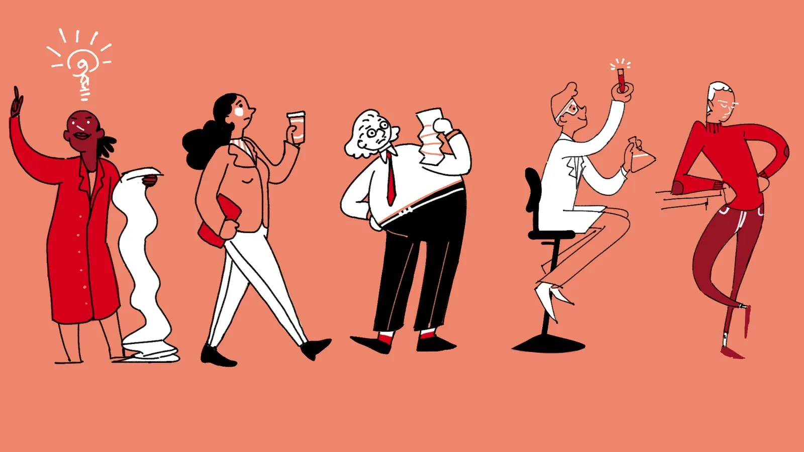 Row of characters: a woman with an idea, a commuter, a reader and a scientist