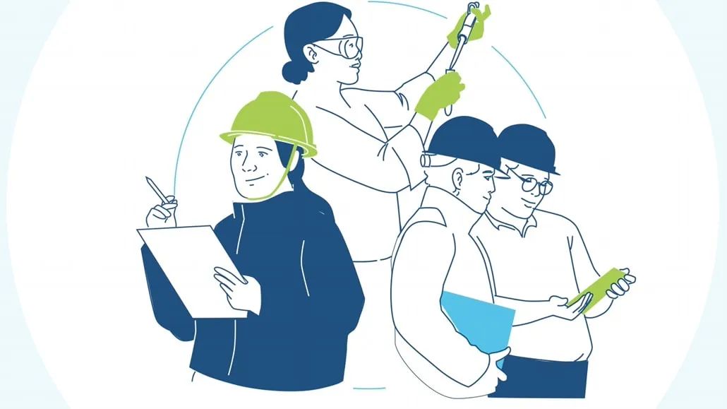 Scientist and workers in hard hats with clipboards and tablets