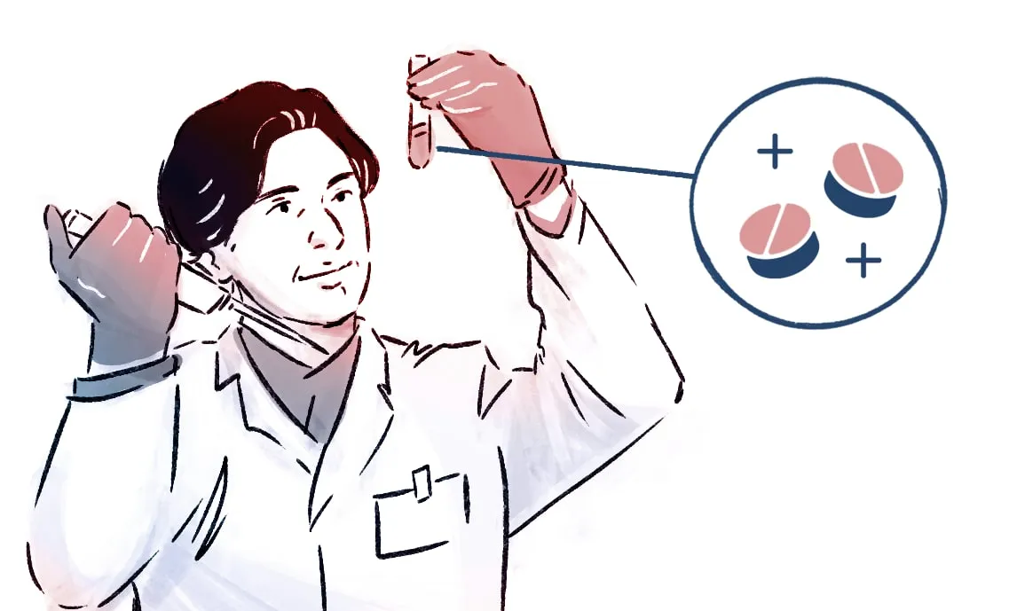Scientist holding up a test tube, with a callout of pills
