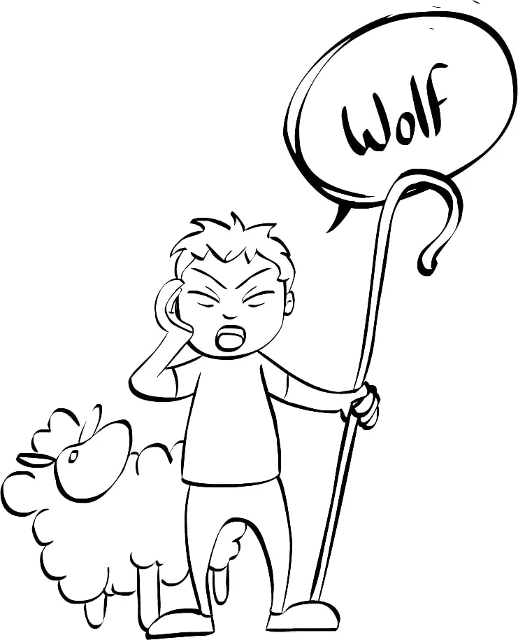 Shepherd boy shouting Wolf beside a sheep