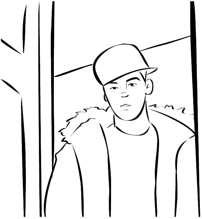Sketch of a young man in a cap and fur-hooded jacket