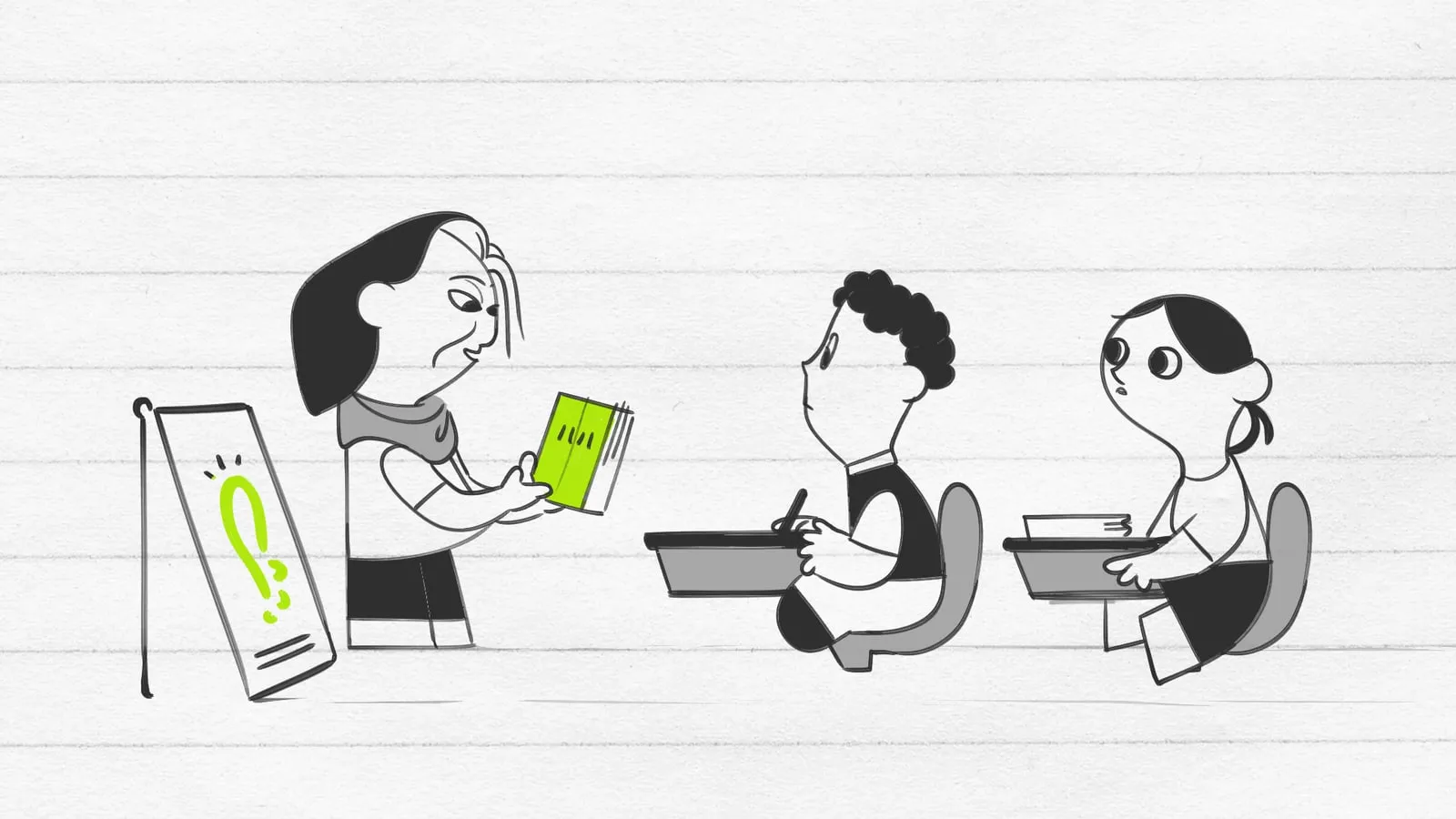 Teacher showing a book to two students at their desks