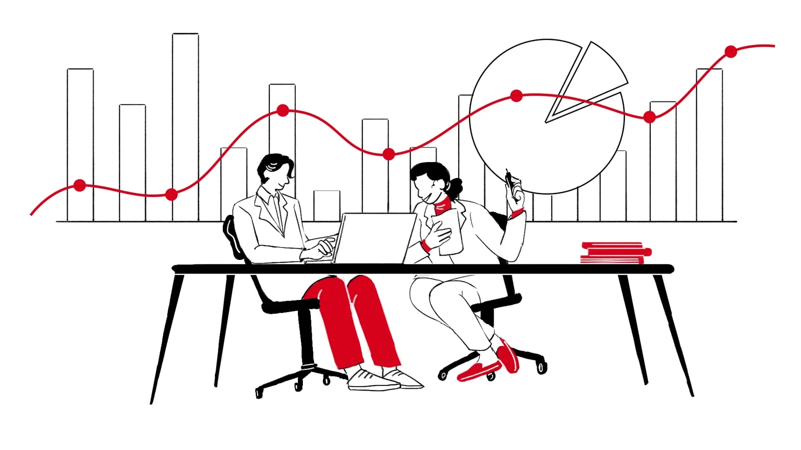 Two colleagues at a desk in front of bar and pie charts