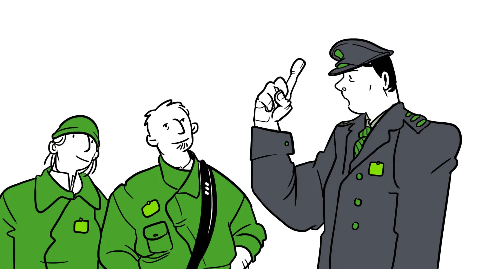 Uniformed conductor lecturing two workers in green jackets