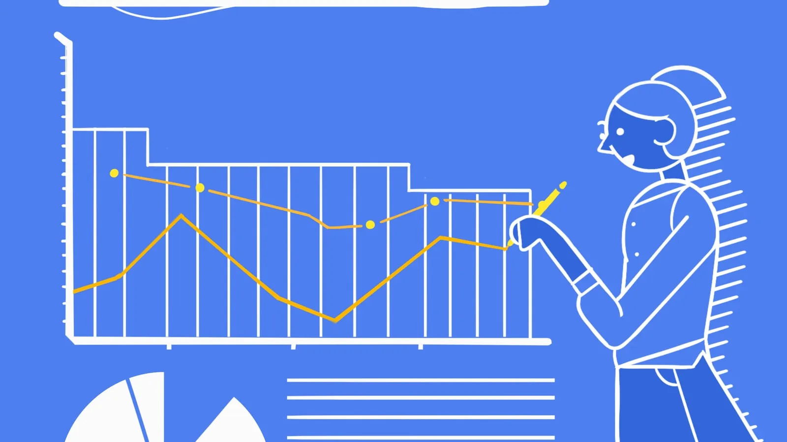 Woman drawing a line graph on a blue chart