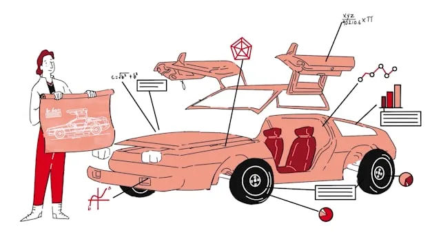 Woman holding blueprints beside an exploded diagram of a car