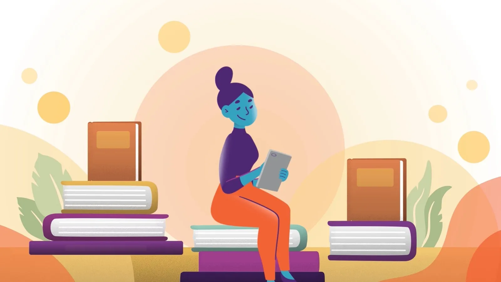 Woman reading a tablet while sitting on a stack of books